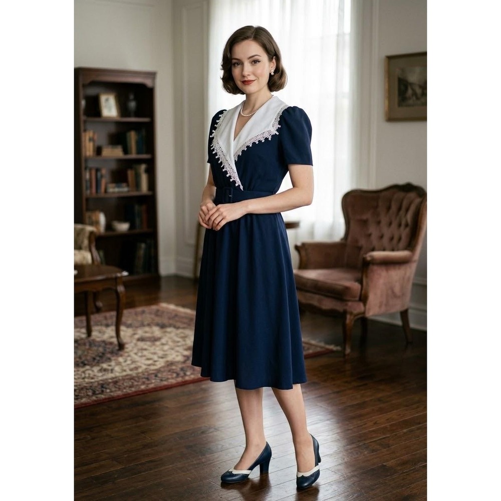 Melissa Petites Midi Dress Women 12 Navy Blue Lace Collar Belted Vintage 90s 80s
